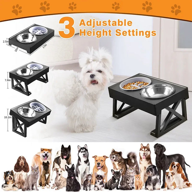 Dog Double Elevated Bowls Stand 3 Adjustable Height Pet Slow Feeding Dish Bowl Medium Big Dog Elevated Food Water Feeders Table